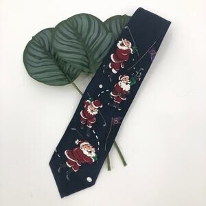 Christmas Navy Blue Red Polyester Golf Santa Holiday Novelty Graphic Neck Tie